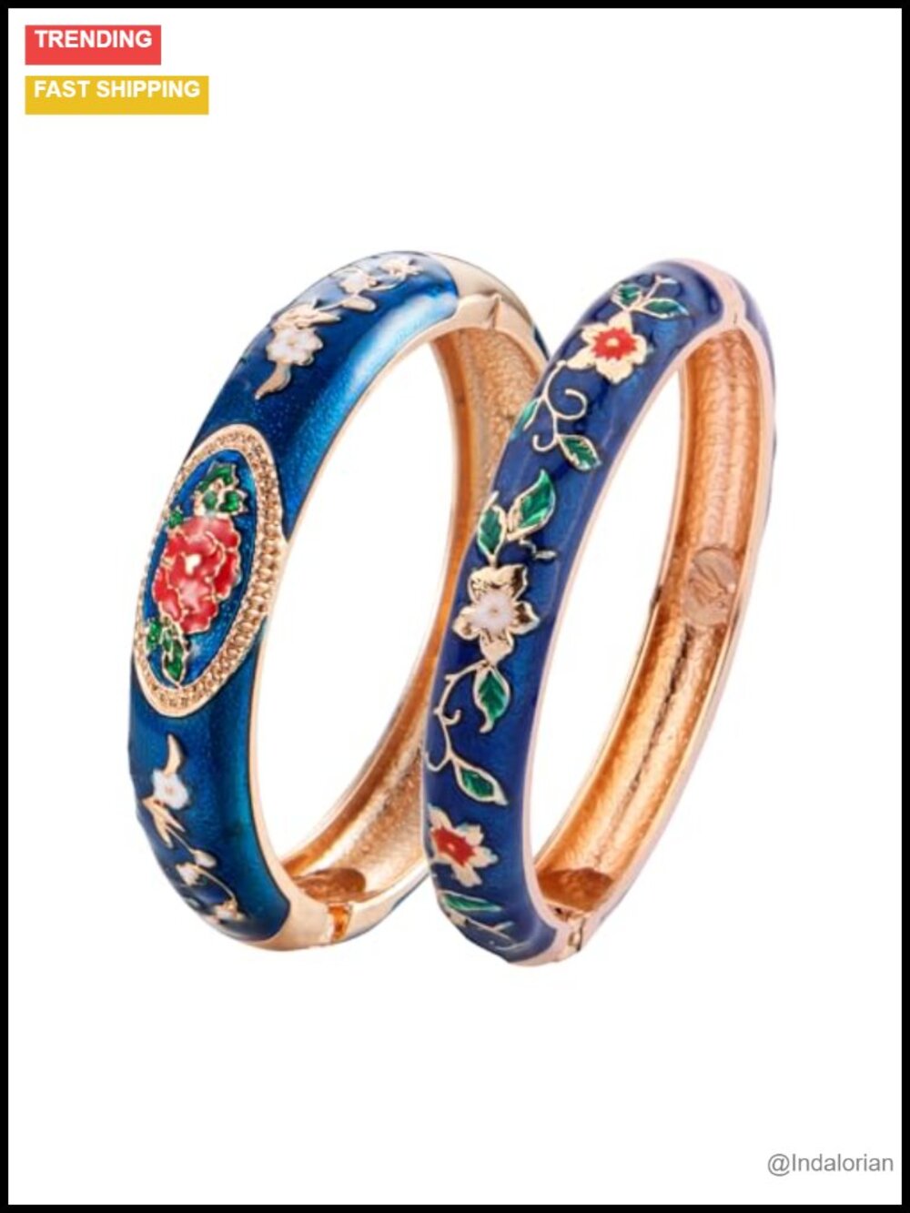 Set of 2 Cloisonne Enamel Bangle Bracelets, Handcrafted Alloy, Spring Hinge